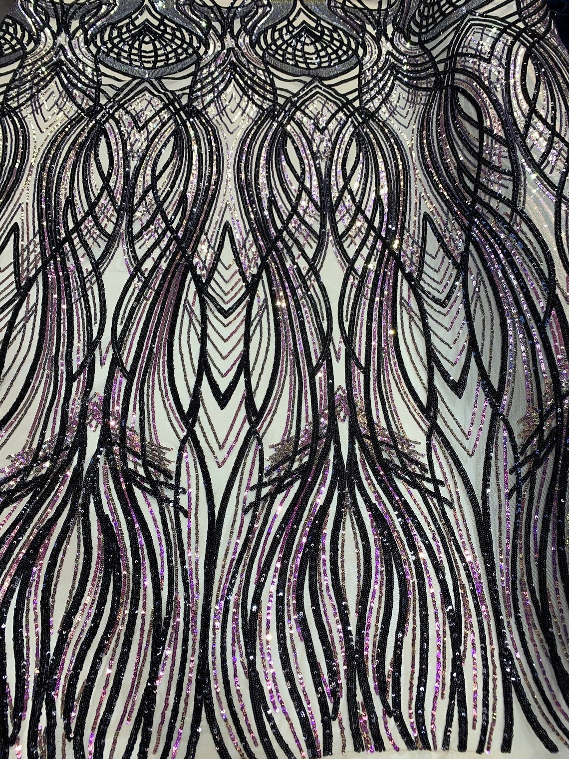 Peacock Iridescent Purple-Lavender-Black Sequin Fabric on 4 Way stretch MeshICE FABRICSICE FABRICSBy The YardPeacock Iridescent Purple-Lavender-Black Sequin Fabric on 4 Way stretch Mesh ICE FABRICS