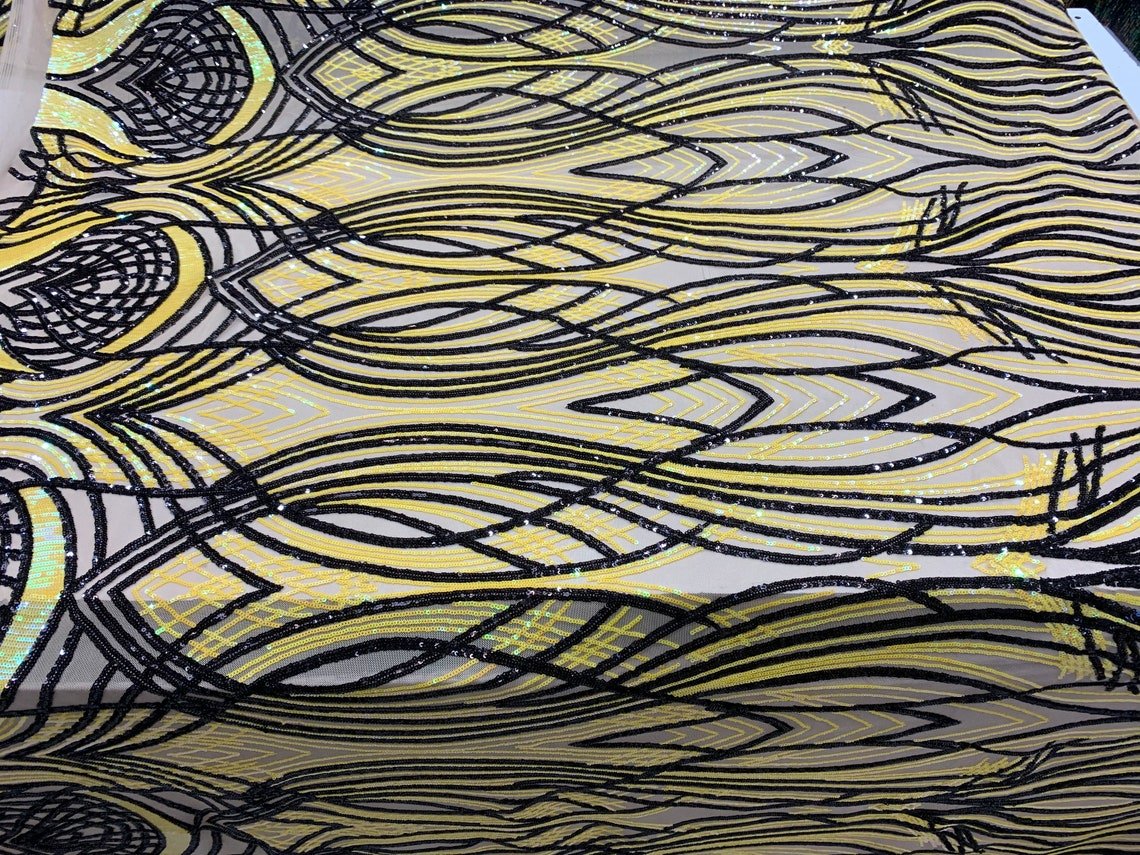 Peacock Iridescent Yellow-Black Sequin Fabric on 4 Way Stretch MeshICE FABRICSICE FABRICSBy The YardPeacock Iridescent Yellow-Black Sequin Fabric on 4 Way Stretch Mesh ICE FABRICS