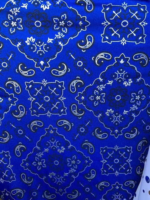 Poly Spandex 4 Way Stretch Fabric Bandanna Pattern Design Sold By The YardSpandex FabricICEFABRICICE FABRICSRoyal BluePoly Spandex 4 Way Stretch Fabric Bandanna Pattern Design Sold By The Yard ICEFABRIC