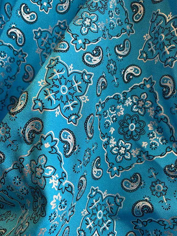 Poly Spandex 4 Way Stretch Fabric Bandanna Pattern Design Sold By The YardSpandex FabricICEFABRICICE FABRICSTurquoisePoly Spandex 4 Way Stretch Fabric Bandanna Pattern Design Sold By The Yard ICEFABRIC