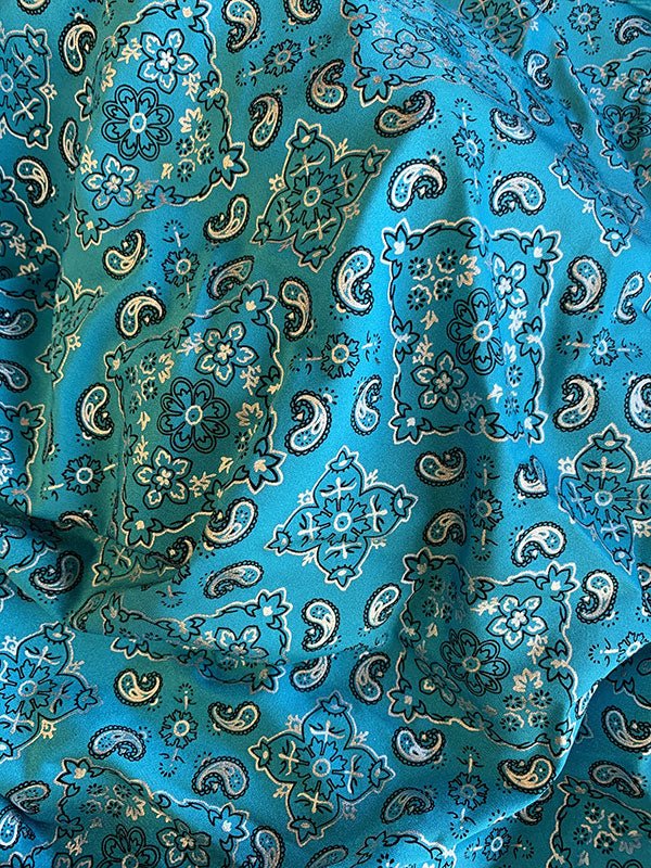 Poly Spandex 4 Way Stretch Fabric Bandanna Pattern Design Sold By The YardSpandex FabricICEFABRICICE FABRICSTurquoisePoly Spandex 4 Way Stretch Fabric Bandanna Pattern Design Sold By The Yard ICEFABRIC
