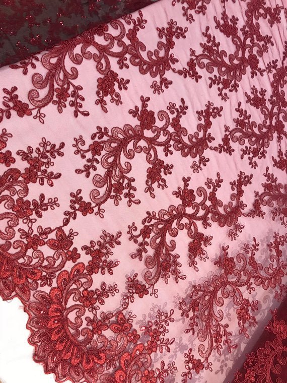 Prom Design Transparent Bridal Mesh Lace Embroidered Wedding FabricICE FABRICSICE FABRICSBurgundyProm Design Transparent Bridal Mesh Lace Embroidered Wedding Fabric ICE FABRICS
