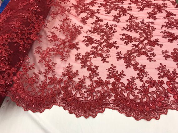 Prom Design Transparent Bridal Mesh Lace Embroidered Wedding FabricICE FABRICSICE FABRICSBurgundyProm Design Transparent Bridal Mesh Lace Embroidered Wedding Fabric ICE FABRICS