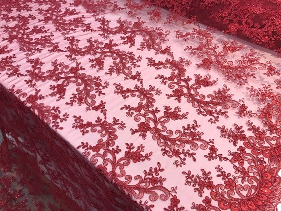 Prom Design Transparent Bridal Mesh Lace Embroidered Wedding FabricICE FABRICSICE FABRICSBurgundyProm Design Transparent Bridal Mesh Lace Embroidered Wedding Fabric ICE FABRICS