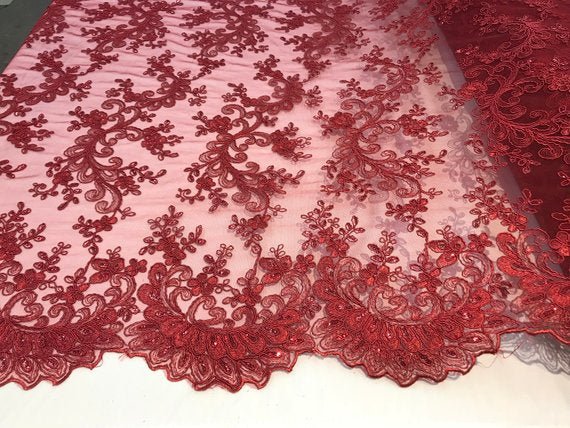 Prom Design Transparent Bridal Mesh Lace Embroidered Wedding FabricICE FABRICSICE FABRICSBurgundyProm Design Transparent Bridal Mesh Lace Embroidered Wedding Fabric ICE FABRICS