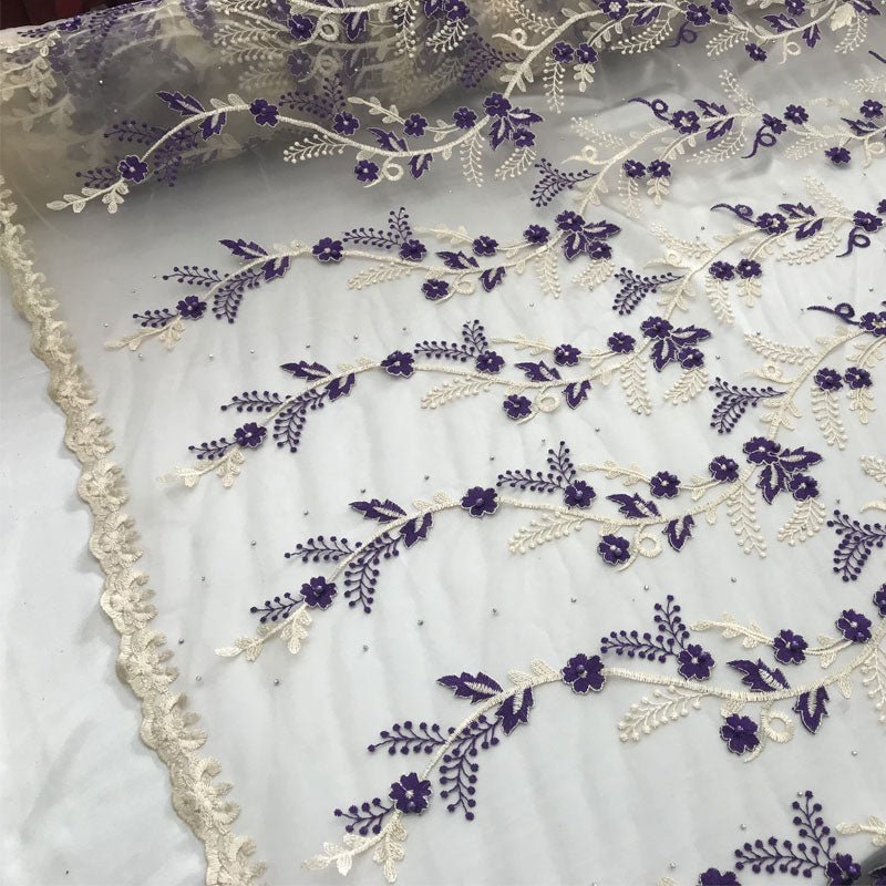 Purple Flower Design Prom Bridal Fabric Embroidered Mesh LaceICE FABRICSICE FABRICSPurple Flower Design Prom Bridal Fabric Embroidered Mesh Lace ICE FABRICS