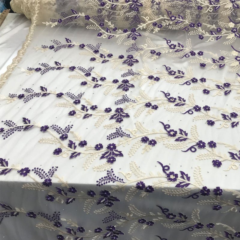 Purple Flower Design Prom Bridal Fabric Embroidered Mesh LaceICE FABRICSICE FABRICSPurple Flower Design Prom Bridal Fabric Embroidered Mesh Lace ICE FABRICS