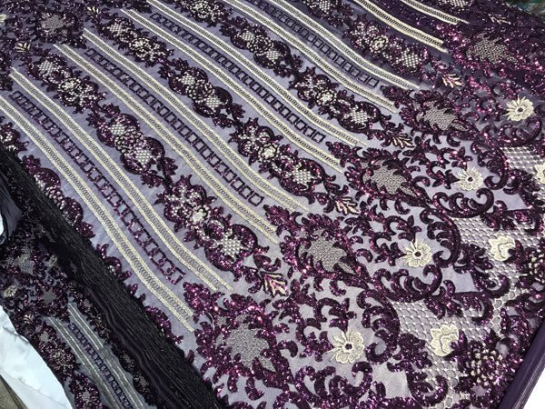Purple Unique Designed Embroidered 4 Way Stretch Sequin Fabric For Wedding Prom DressesICE FABRICSICE FABRICSPurple Unique Designed Embroidered 4 Way Stretch Sequin Fabric For Wedding Prom Dresses ICE FABRICS