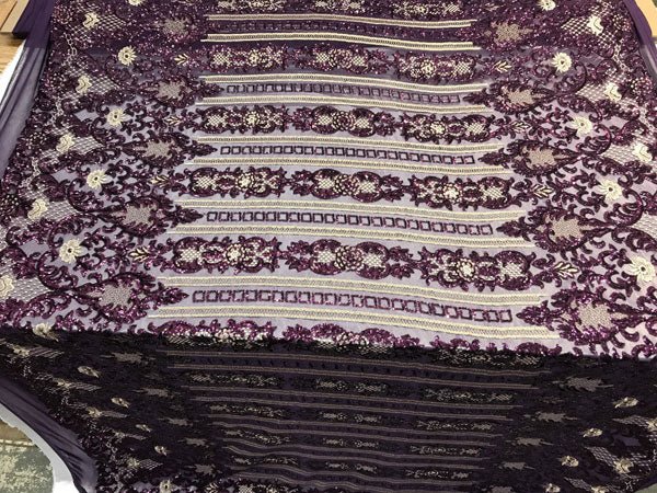 Purple Unique Designed Embroidered 4 Way Stretch Sequin Fabric For Wedding Prom DressesICE FABRICSICE FABRICSPurple Unique Designed Embroidered 4 Way Stretch Sequin Fabric For Wedding Prom Dresses ICE FABRICS