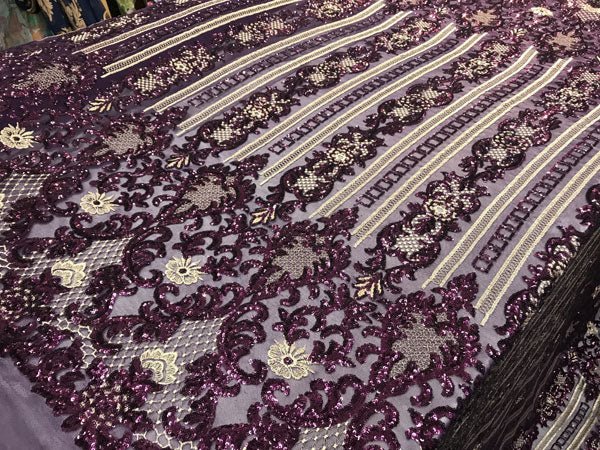 Purple Unique Designed Embroidered 4 Way Stretch Sequin Fabric For Wedding Prom DressesICE FABRICSICE FABRICSPurple Unique Designed Embroidered 4 Way Stretch Sequin Fabric For Wedding Prom Dresses ICE FABRICS