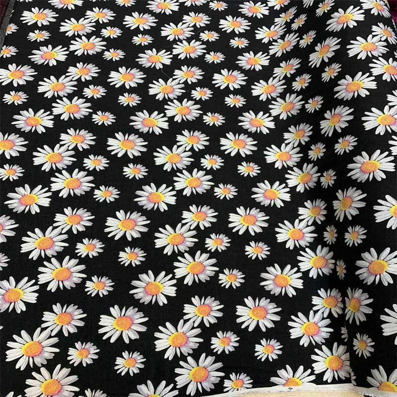 Rayon Challis Black Background With Lazy Susan White Yellow Flower Print FabricChallis FabricICEFABRICICE FABRICSRayon Challis Black Background With Lazy Susan White Yellow Flower Print Fabric ICEFABRIC