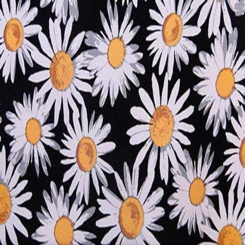 Rayon Challis Black Background With Lazy Susan White Yellow Flower Print FabricChallis FabricICEFABRICICE FABRICSRayon Challis Black Background With Lazy Susan White Yellow Flower Print Fabric ICEFABRIC