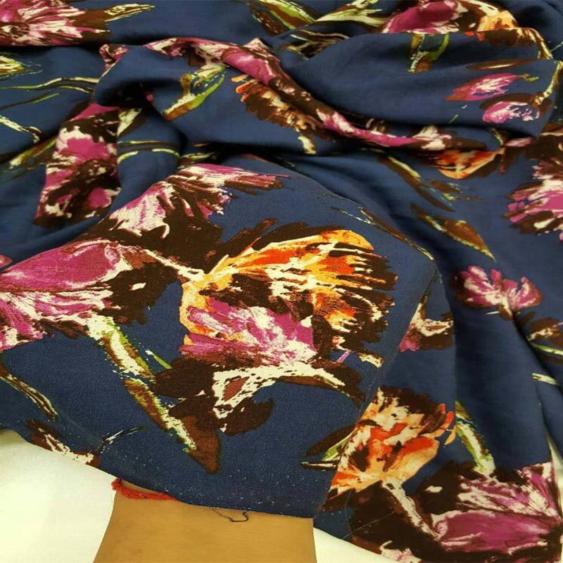 Rayon Challis Dark Blue Background Orange Pink Large Floral Flowers Multicolor FabricChallis FabricICEFABRICICE FABRICSRayon Challis Dark Blue Background Orange Pink Large Floral Flowers Multicolor Fabric ICEFABRIC