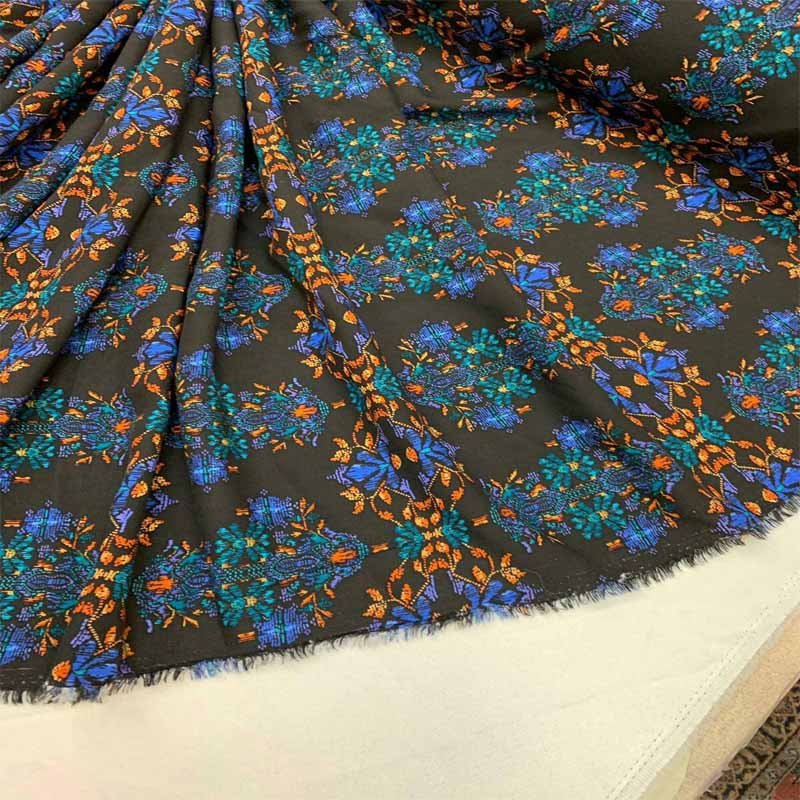 Rayon Challis Large Paisley Boho Pattern Orange, Blue And Green On Black Background FabricICEFABRICICE FABRICSChallis FabricRayon Challis Large Paisley Boho Pattern Orange, Blue And Green On Black Background Fabric ICEFABRIC