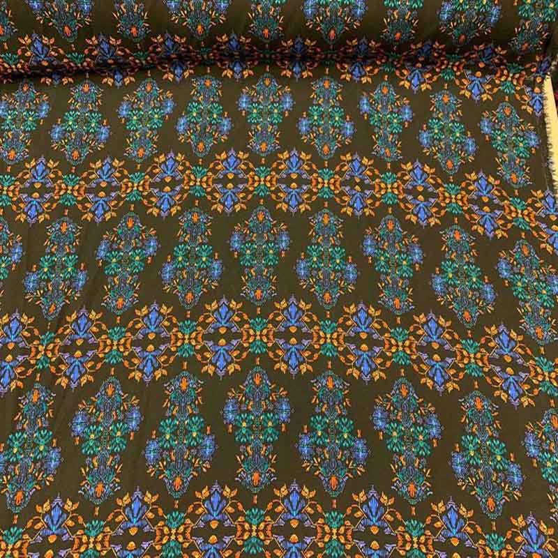 Rayon Challis Large Paisley Boho Pattern Orange, Blue And Green On Black Background FabricICEFABRICICE FABRICSChallis FabricRayon Challis Large Paisley Boho Pattern Orange, Blue And Green On Black Background Fabric ICEFABRIC