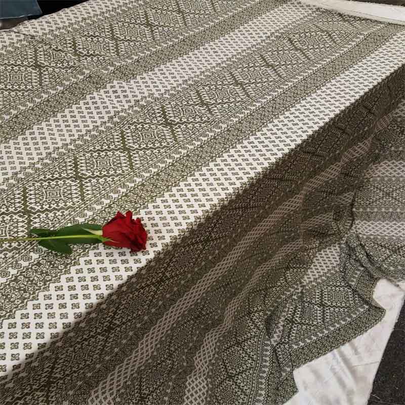 Rayon Challis Olive Green Geometric Pattern On Off White Background Soft And Flowy FabricICEFABRICICE FABRICSChallis FabricRayon Challis Olive Green Geometric Pattern On Off White Background Soft And Flowy Fabric ICEFABRIC