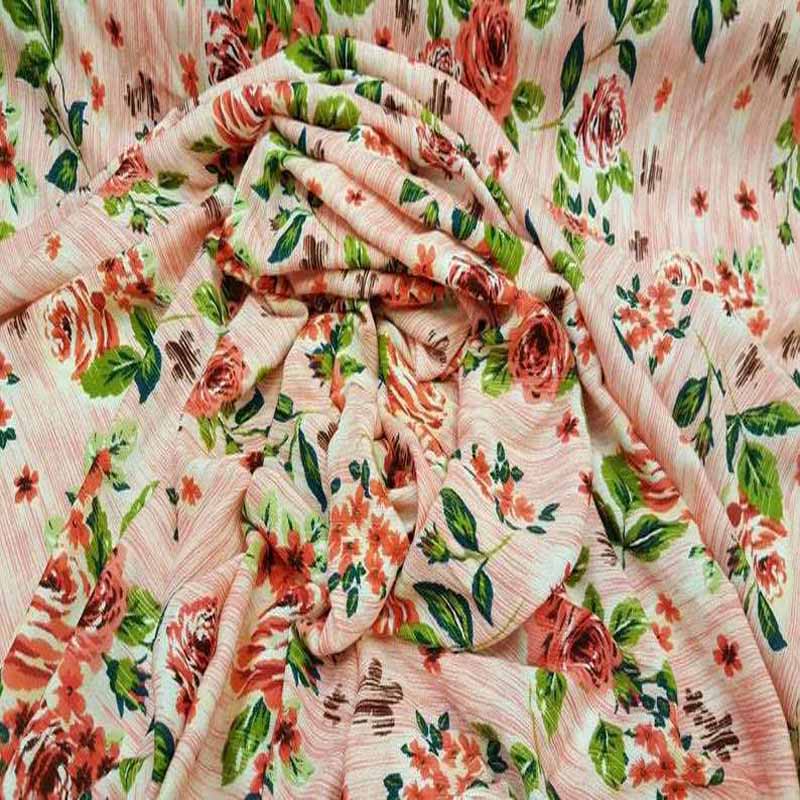 Rayon Crepon Textured Coral And Green Floral Flowers On Pink Background FabricICEFABRICICE FABRICSChallis FabricRayon Crepon Textured Coral And Green Floral Flowers On Pink Background Fabric ICEFABRIC