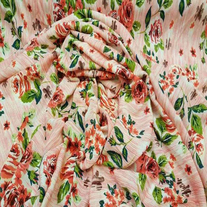 Rayon Crepon Textured Coral And Green Floral Flowers On Pink Background FabricICEFABRICICE FABRICSChallis FabricRayon Crepon Textured Coral And Green Floral Flowers On Pink Background Fabric ICEFABRIC