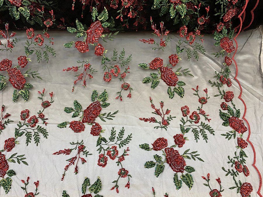 Red 3D Embroidered Beaded Flowers On Black Bridal Mesh Lace Fabric By The YardICEFABRICICE FABRICSRed Flowers On Black MeshRed 3D Embroidered Beaded Flowers On Black Bridal Mesh Lace Fabric By The Yard ICEFABRIC