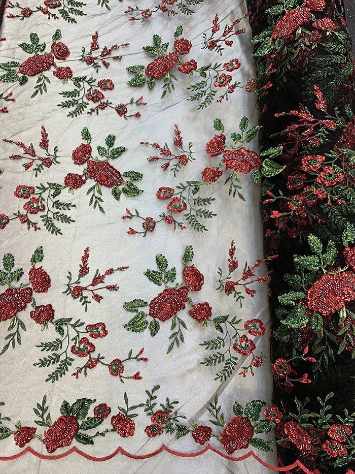 Red 3D Embroidered Beaded Flowers On Black Bridal Mesh Lace Fabric By The YardICEFABRICICE FABRICSRed Flowers On Nude MeshRed 3D Embroidered Beaded Flowers On Black Bridal Mesh Lace Fabric By The Yard ICEFABRIC