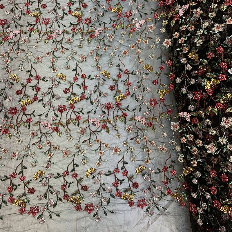 Red Handmade Embroidered Flowers On A Black Floral Beaded Mesh Lace FabricICEFABRICICE FABRICSRed Handmade Embroidered Flowers On A Black Floral Beaded Mesh Lace Fabric ICEFABRIC