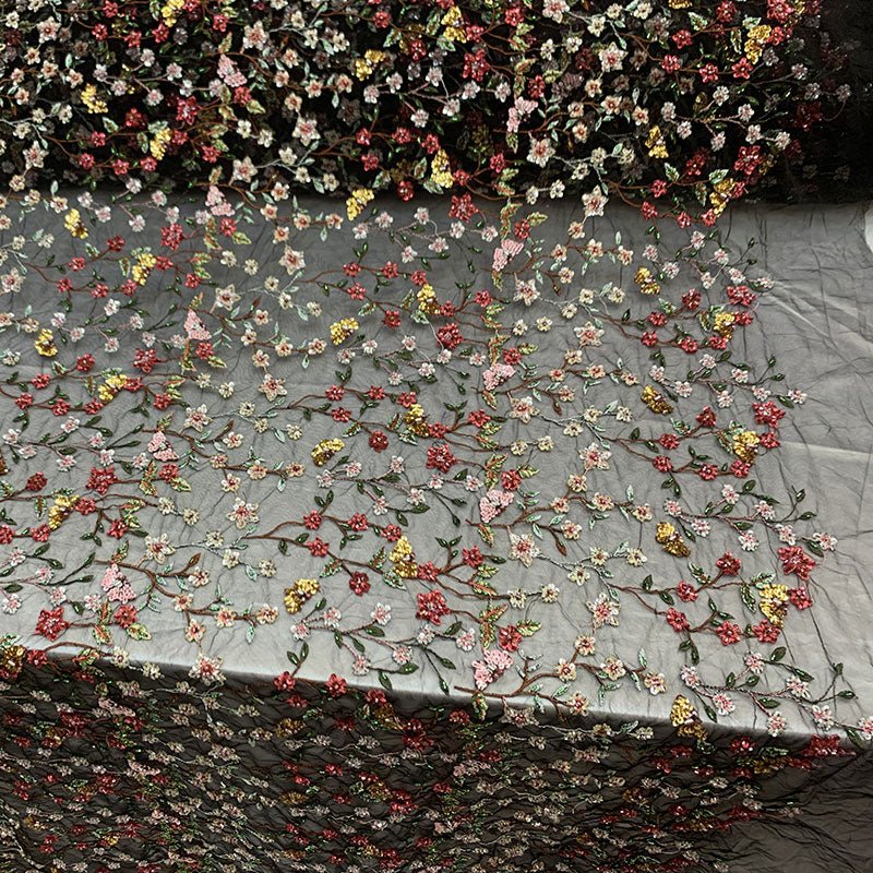Red Handmade Embroidered Flowers On A Black Floral Beaded Mesh Lace FabricICEFABRICICE FABRICSRed Handmade Embroidered Flowers On A Black Floral Beaded Mesh Lace Fabric ICEFABRIC