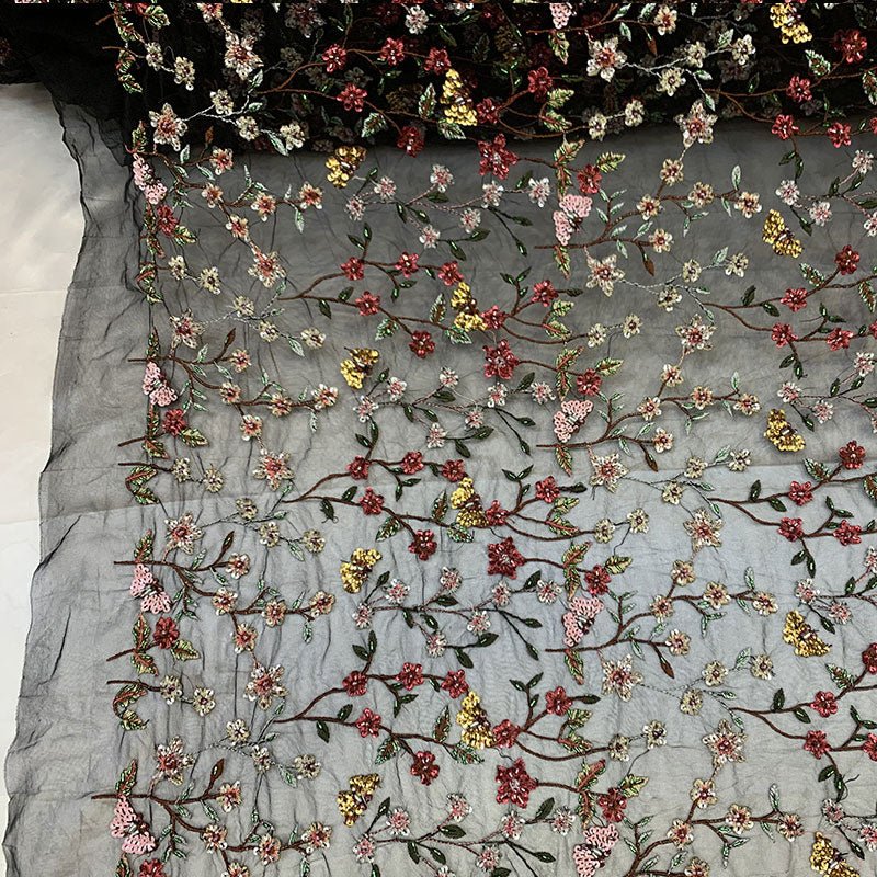 Red Handmade Embroidered Flowers On A Black Floral Beaded Mesh Lace FabricICEFABRICICE FABRICSRed Handmade Embroidered Flowers On A Black Floral Beaded Mesh Lace Fabric ICEFABRIC