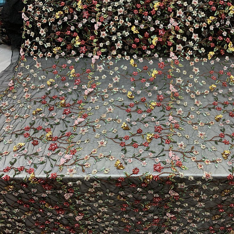 Red Handmade Embroidered Flowers On A Black Floral Beaded Mesh Lace FabricICEFABRICICE FABRICSRed Handmade Embroidered Flowers On A Black Floral Beaded Mesh Lace Fabric ICEFABRIC
