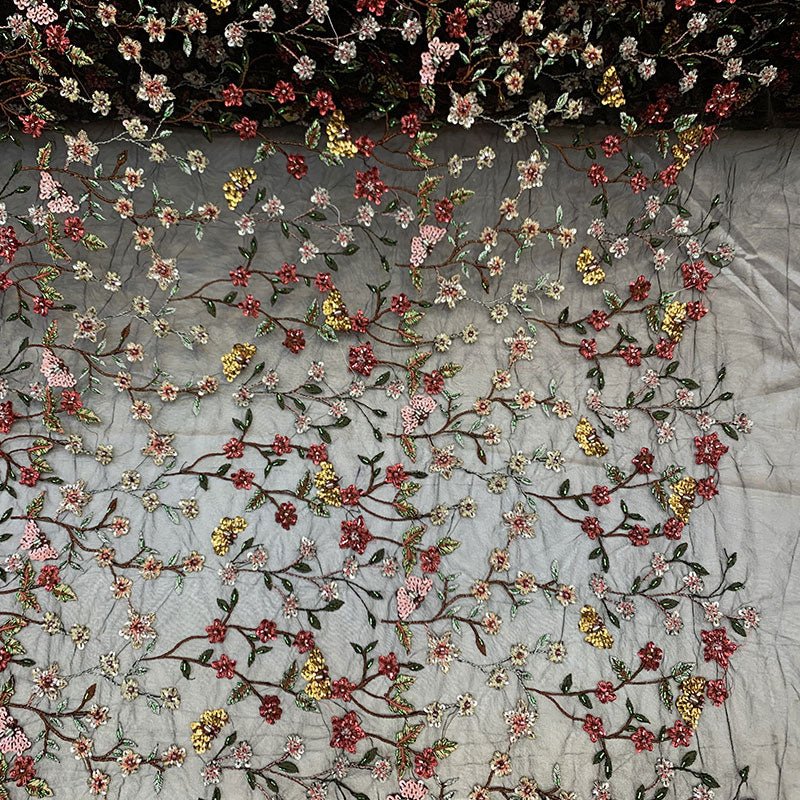 Red Handmade Embroidered Flowers On A Black Floral Beaded Mesh Lace FabricICEFABRICICE FABRICSRed Handmade Embroidered Flowers On A Black Floral Beaded Mesh Lace Fabric ICEFABRIC