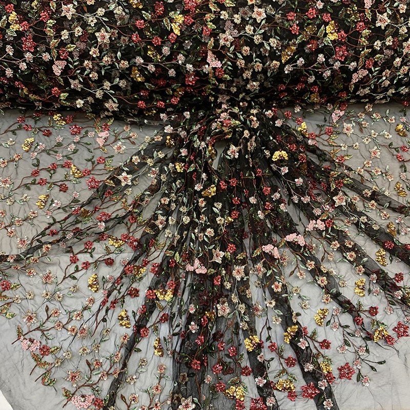 Red Handmade Embroidered Flowers On A Black Floral Beaded Mesh Lace FabricICEFABRICICE FABRICSRed Handmade Embroidered Flowers On A Black Floral Beaded Mesh Lace Fabric ICEFABRIC