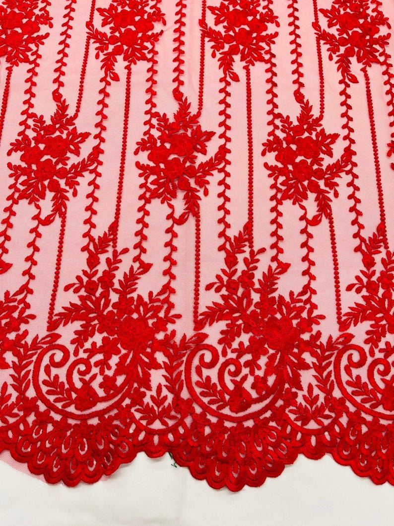 Red Lace Fabric _ Embroidered Floral Flowers Lace on Mesh FabricICE FABRICSICE FABRICSPer YardRed Lace Fabric _ Embroidered Floral Flowers Lace on Mesh Fabric ICE FABRICS