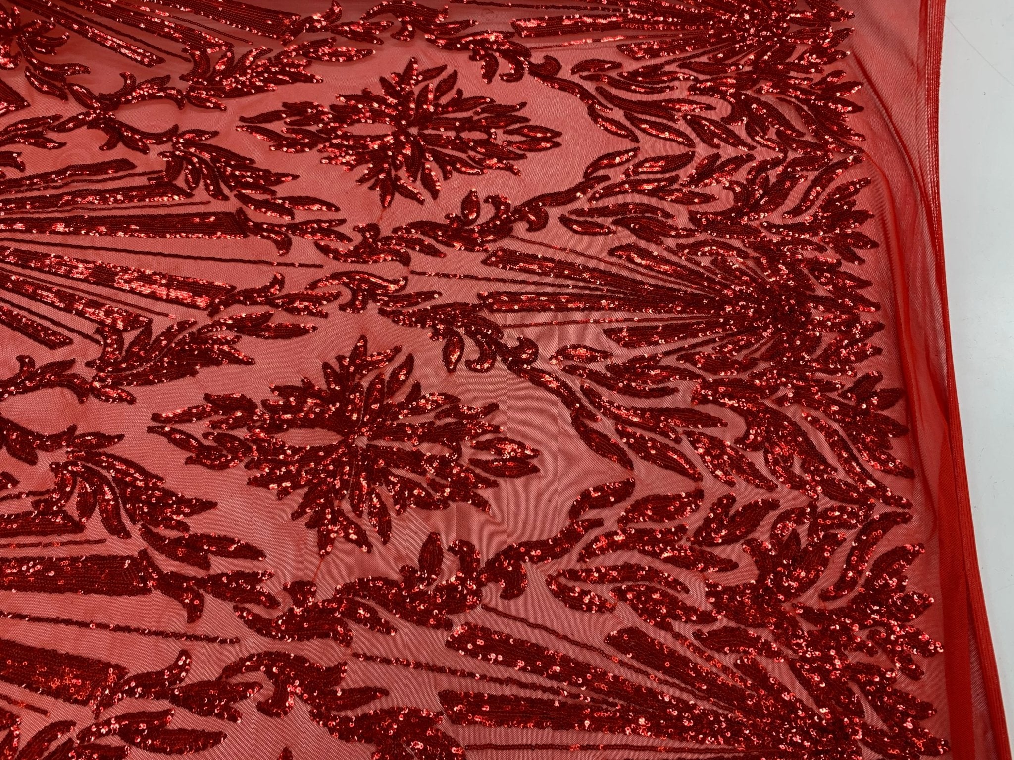 Red Luxury Stretch Sequin Bridal Embroidery on Red Mesh Lace FabricICEFABRICICE FABRICSRedRed Luxury Stretch Sequin Bridal Embroidery on Red Mesh Lace Fabric ICEFABRIC