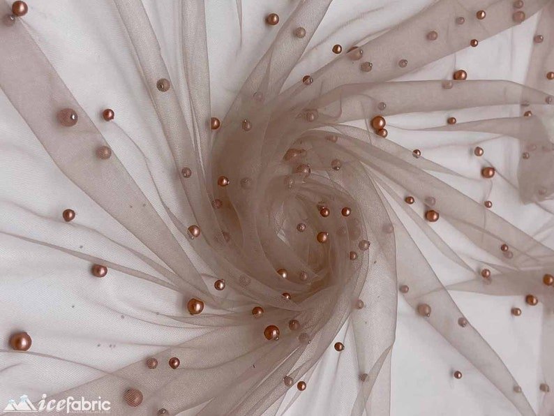Rose Gold Pearls Lace Beaded Fabric on Tulle for Bridal FabricICE FABRICSICE FABRICSBy The YardRose Gold Pearls Lace Beaded Fabric on Tulle for Bridal Fabric ICE FABRICS