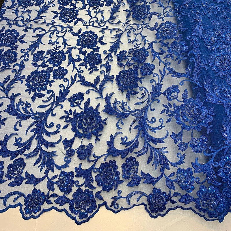 Hand Beaded Lace Fabric - Embroidery Floral Lace With Sequins And FlowersICE FABRICSICE FABRICSRoyal BlueHand Beaded Lace Fabric - Embroidery Floral Lace With Sequins And Flowers ICE FABRICS Royal Blue