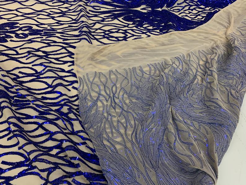Royal Blue Iridescent on Nude Mesh 4 Way Stretch Sequin Fabric By The YardICEFABRICICE FABRICSRoyal Blue Iridescent on Nude Mesh 4 Way Stretch Sequin Fabric By The Yard ICEFABRIC