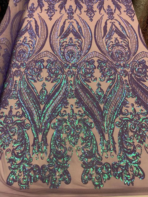 Royalty Iridescent Sequins 4 Way Stretch Spandex Mesh Fabric By The YardICEFABRICICE FABRICSLavender On Nude MeshRoyalty Iridescent Sequins 4 Way Stretch Spandex Mesh Fabric By The Yard ICEFABRIC