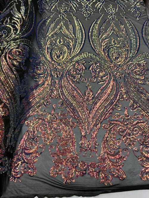 Royalty Iridescent Sequins 4 Way Stretch Spandex Mesh Fabric By The YardICEFABRICICE FABRICSPink,Yellow On A Black MeshRoyalty Iridescent Sequins 4 Way Stretch Spandex Mesh Fabric By The Yard ICEFABRIC