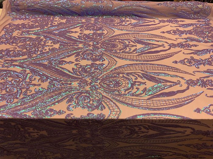 Royalty Iridescent Sequins 4 Way Stretch Spandex Mesh Fabric By The YardICEFABRICICE FABRICSLavender On Nude MeshRoyalty Iridescent Sequins 4 Way Stretch Spandex Mesh Fabric By The Yard ICEFABRIC