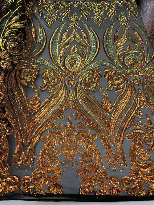 Royalty Iridescent Sequins 4 Way Stretch Spandex Mesh Fabric By The YardICEFABRICICE FABRICSOrange On A Black MeshRoyalty Iridescent Sequins 4 Way Stretch Spandex Mesh Fabric By The Yard ICEFABRIC