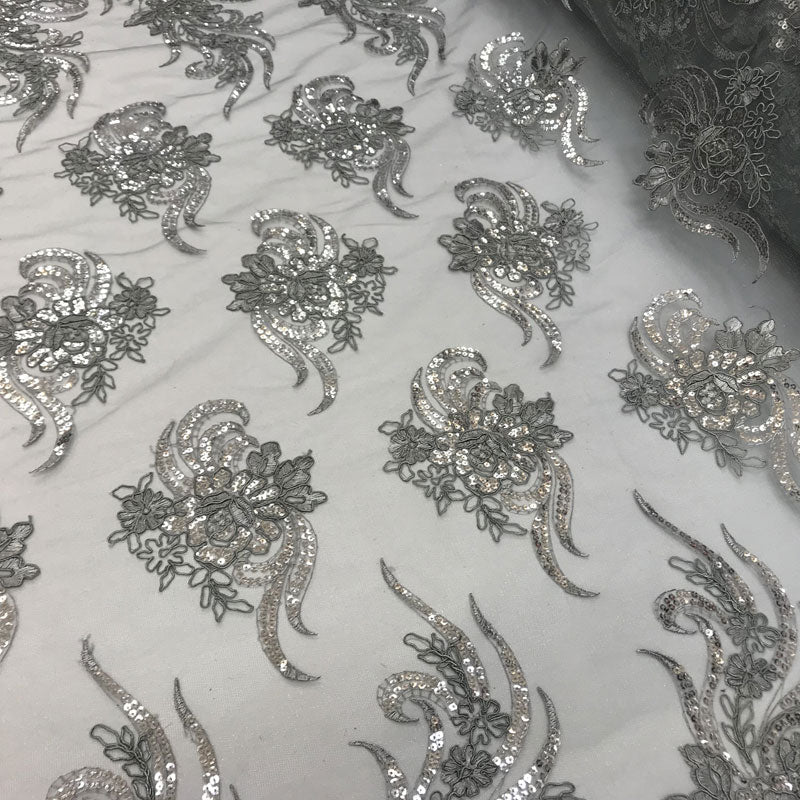 Silver Bridal prom Design transparent Mesh lace Embroidered FabricICE FABRICSICE FABRICSSilver Bridal prom Design transparent Mesh lace Embroidered Fabric ICE FABRICS