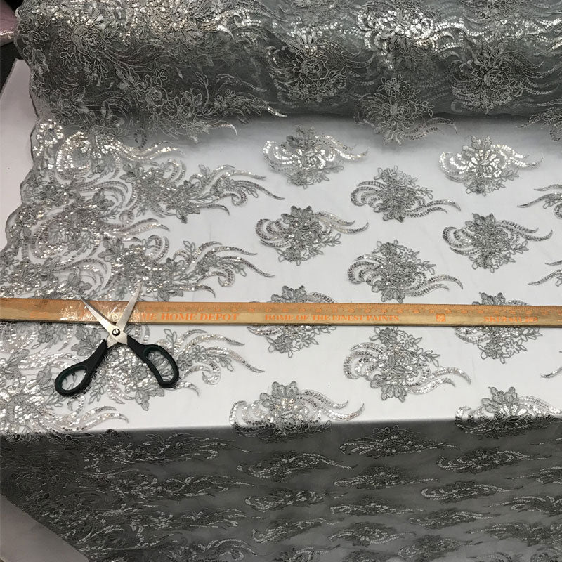 Silver Bridal prom Design transparent Mesh lace Embroidered FabricICE FABRICSICE FABRICSSilver Bridal prom Design transparent Mesh lace Embroidered Fabric ICE FABRICS