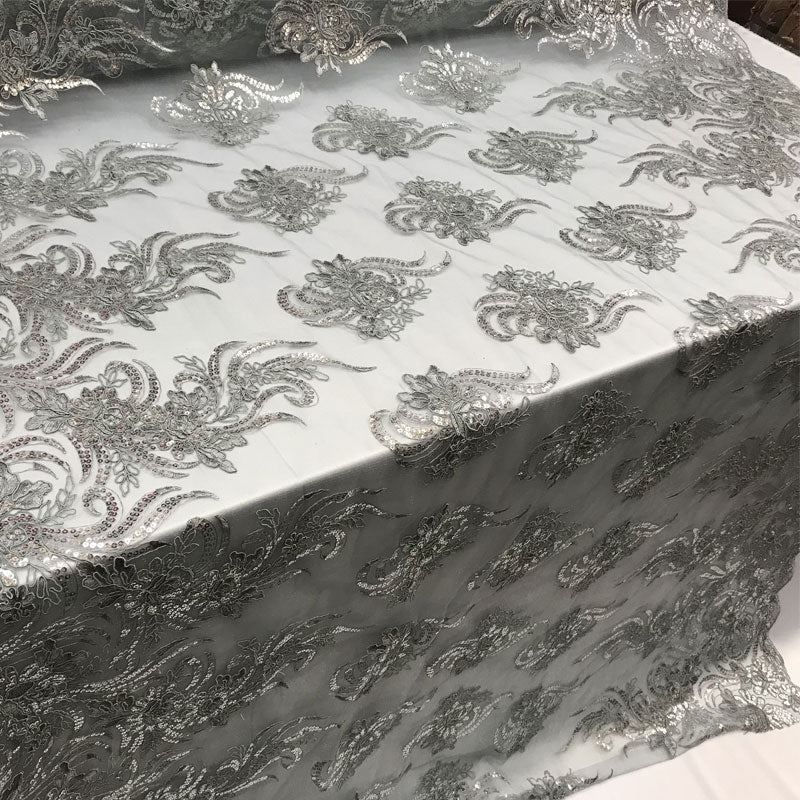 Silver Bridal prom Design transparent Mesh lace Embroidered FabricICE FABRICSICE FABRICSSilver Bridal prom Design transparent Mesh lace Embroidered Fabric ICE FABRICS