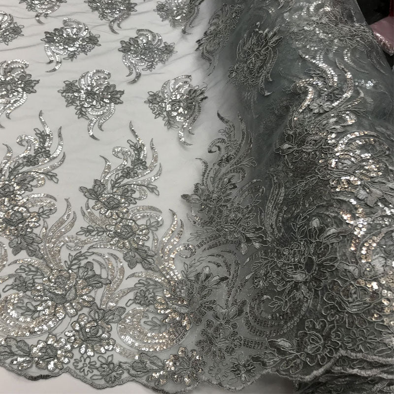 Silver Bridal prom Design transparent Mesh lace Embroidered FabricICE FABRICSICE FABRICSSilver Bridal prom Design transparent Mesh lace Embroidered Fabric ICE FABRICS
