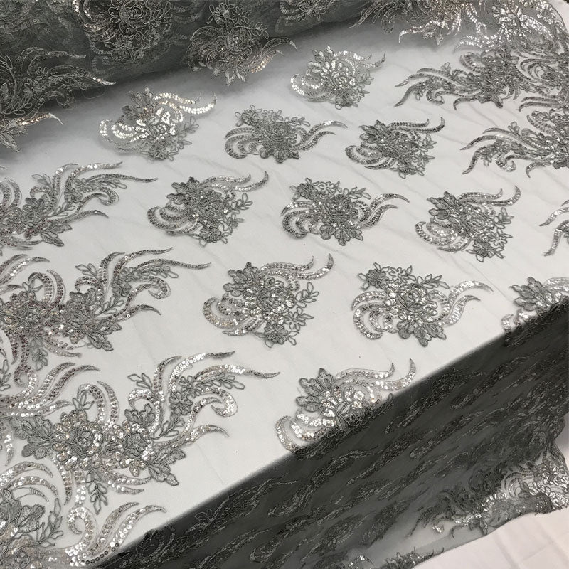 Silver Bridal prom Design transparent Mesh lace Embroidered FabricICE FABRICSICE FABRICSSilver Bridal prom Design transparent Mesh lace Embroidered Fabric ICE FABRICS