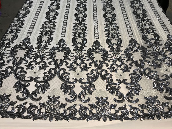 Silver Elegant Design Embroidered 4 Way Stretch Sequin Fabric For Wedding Prom Fashion DressesICE FABRICSICE FABRICSSilver Elegant Design Embroidered 4 Way Stretch Sequin Fabric For Wedding Prom Fashion Dresses ICE FABRICS