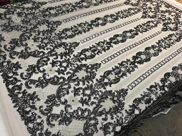 Silver Elegant Design Embroidered 4 Way Stretch Sequin Fabric For Wedding Prom Fashion DressesICE FABRICSICE FABRICSSilver Elegant Design Embroidered 4 Way Stretch Sequin Fabric For Wedding Prom Fashion Dresses ICE FABRICS