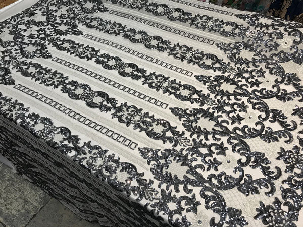 Silver Elegant Design Embroidered 4 Way Stretch Sequin Fabric For Wedding Prom Fashion DressesICE FABRICSICE FABRICSSilver Elegant Design Embroidered 4 Way Stretch Sequin Fabric For Wedding Prom Fashion Dresses ICE FABRICS
