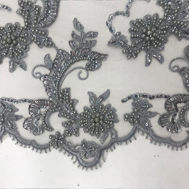 Silver Fine Embroidered Mesh Lace With Beads Bridal Wedding FabricICE FABRICSICE FABRICSSilver Fine Embroidered Mesh Lace With Beads Bridal Wedding Fabric ICE FABRICS