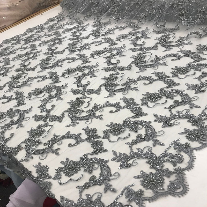 Silver Fine Embroidered Mesh Lace With Beads Bridal Wedding FabricICE FABRICSICE FABRICSSilver Fine Embroidered Mesh Lace With Beads Bridal Wedding Fabric ICE FABRICS