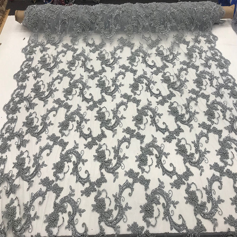 Silver Fine Embroidered Mesh Lace With Beads Bridal Wedding FabricICE FABRICSICE FABRICSSilver Fine Embroidered Mesh Lace With Beads Bridal Wedding Fabric ICE FABRICS